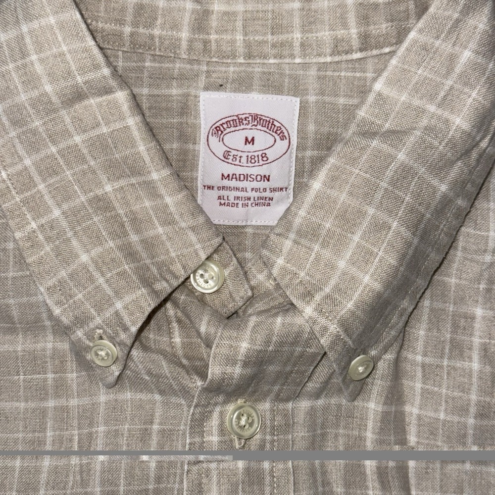 Brooks Brothers Irish Linen Short Sleeve Button Down Madison Mens M Beige Check